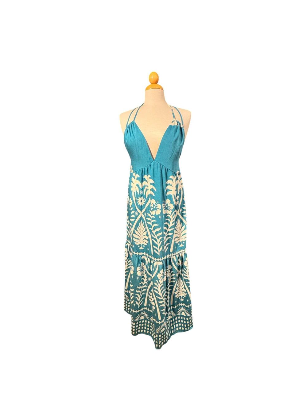 NWT Dukakii Turquoise Tropical Print Halter Maxi Dress Size M